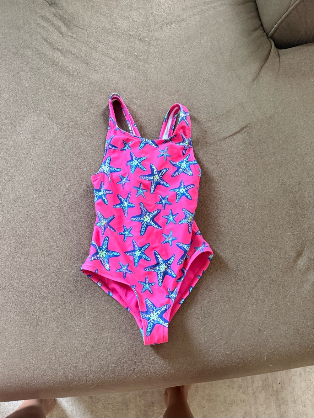 Lands' End Hot Pink One-Piece Swimsuit with Blue Starfish size 6-7